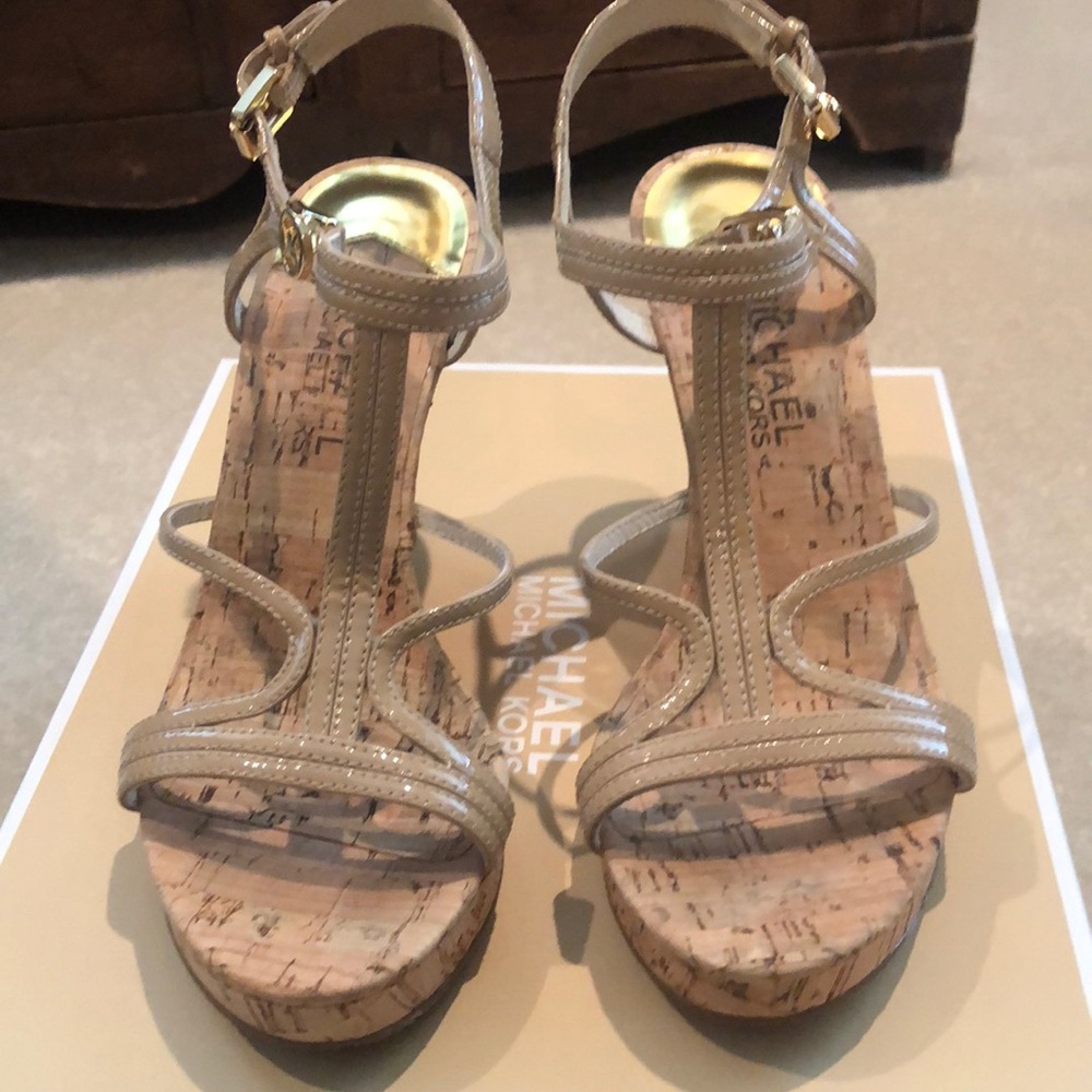 Michael Kors nude patent leather wedges